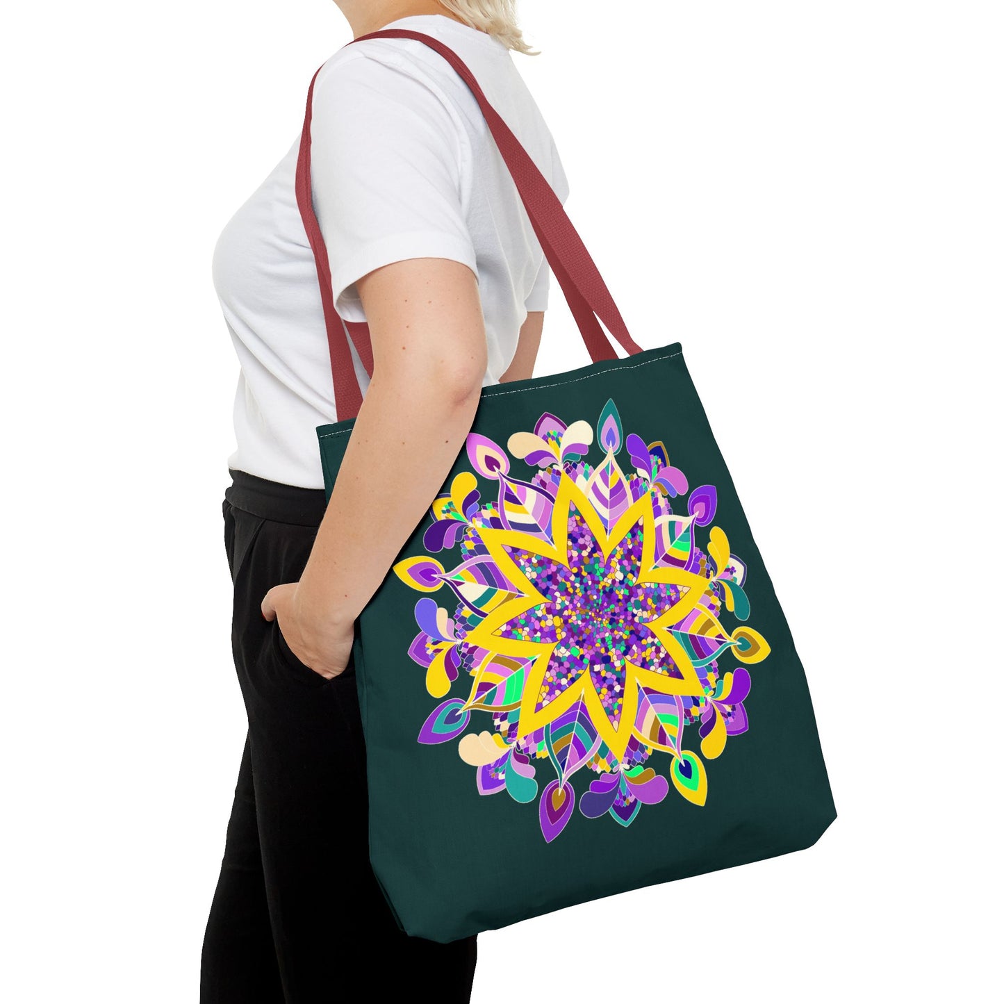 Dark green zen girl tote bag featuring a colorful mandala design by Blululi