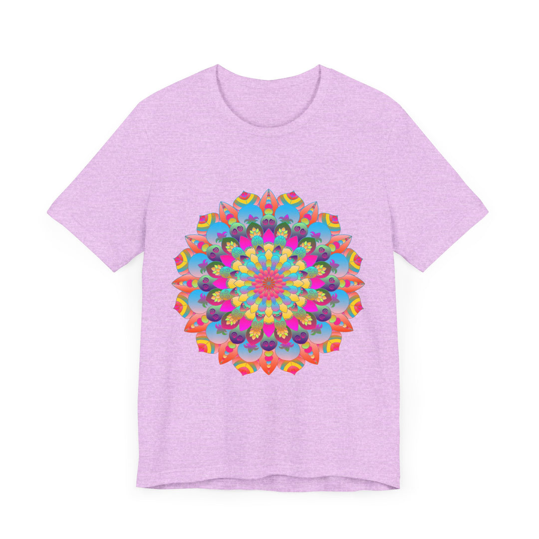 alt=Vibrant and intricate mandala flower design t-shirt with psychedelic art