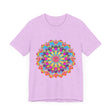 alt=Vibrant and intricate mandala flower design t-shirt with psychedelic art