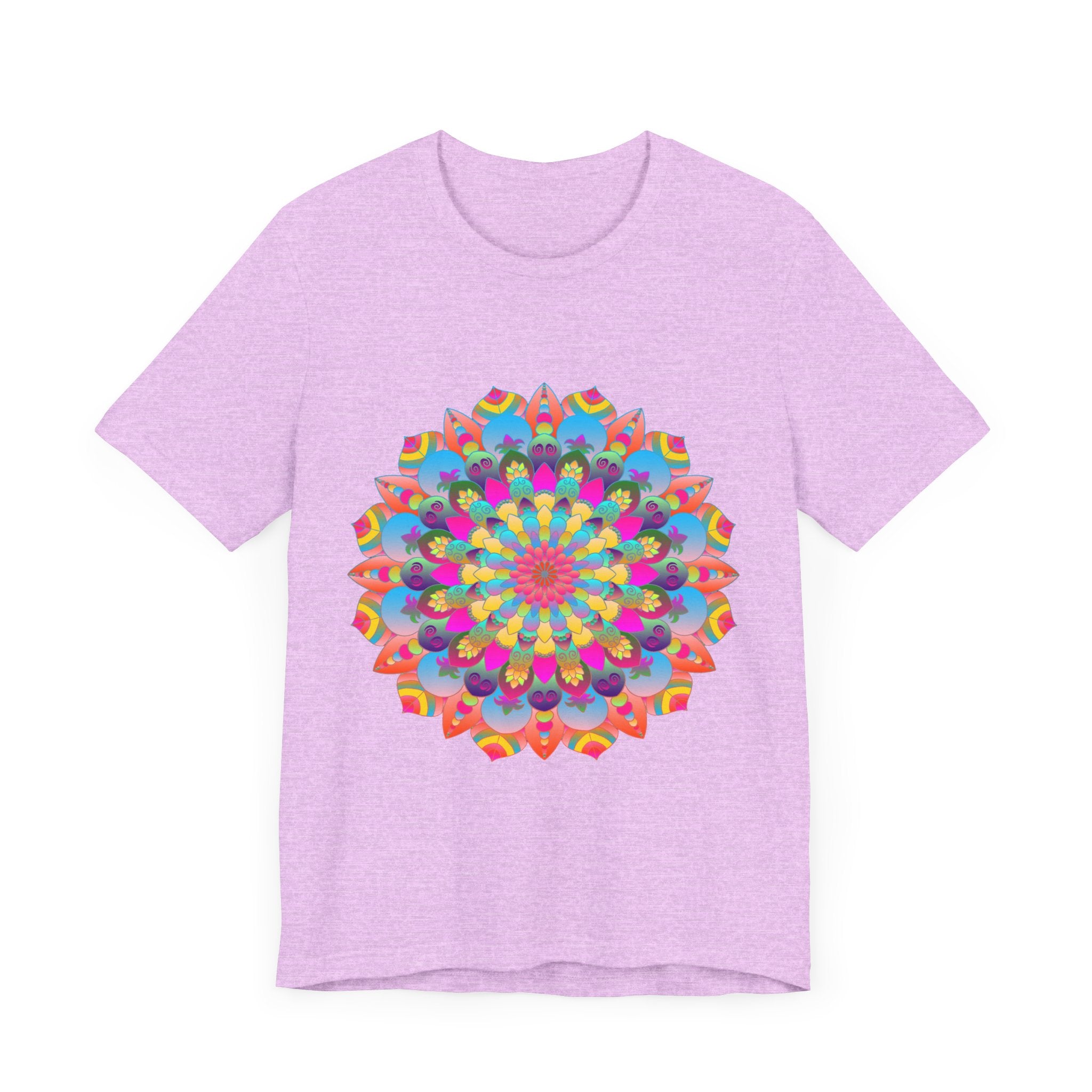 alt=Vibrant and intricate mandala flower design t-shirt with psychedelic art