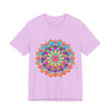 alt=Vibrant and intricate mandala flower design t-shirt with psychedelic art