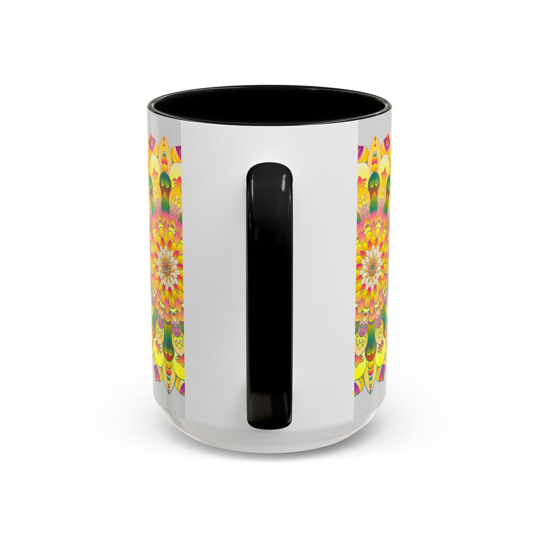 Colorful mandala art mug featuring a vibrant floral design on a white background