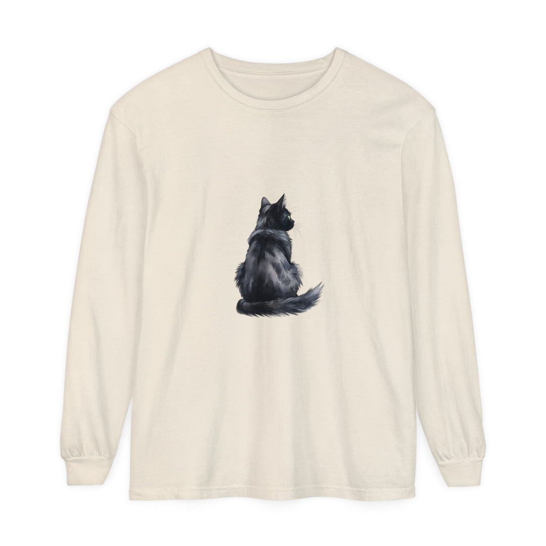 Black Cat Watercolor Long Sleeve T-Shirt with vibrant and realistic cat design