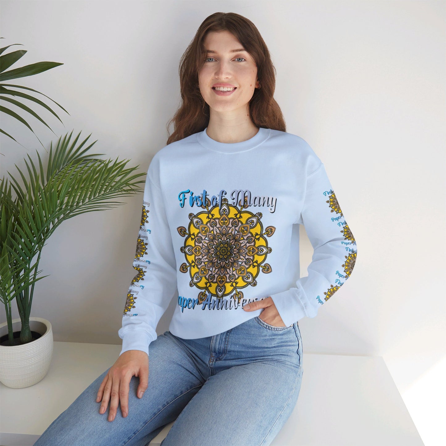 Unisex Heavy Blend™ Crewneck Sweatshirt with 'First of Many, Paper Anniversary' design, perfect 1st year wedding anniversary gift