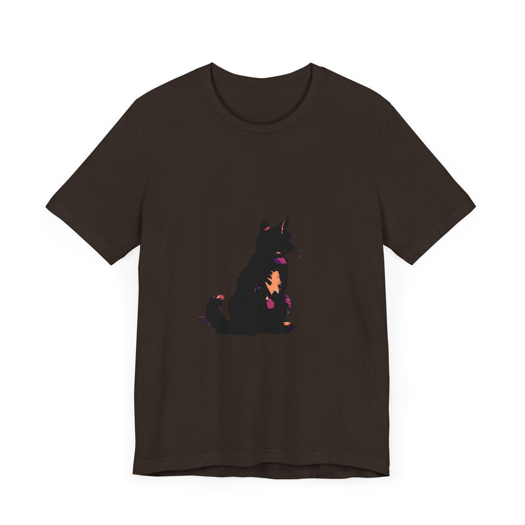 Black Cat Mystery Abstract T-Shirt: A stylish and enigmatic graphic tee featuring a mysterious black cat design on a black background