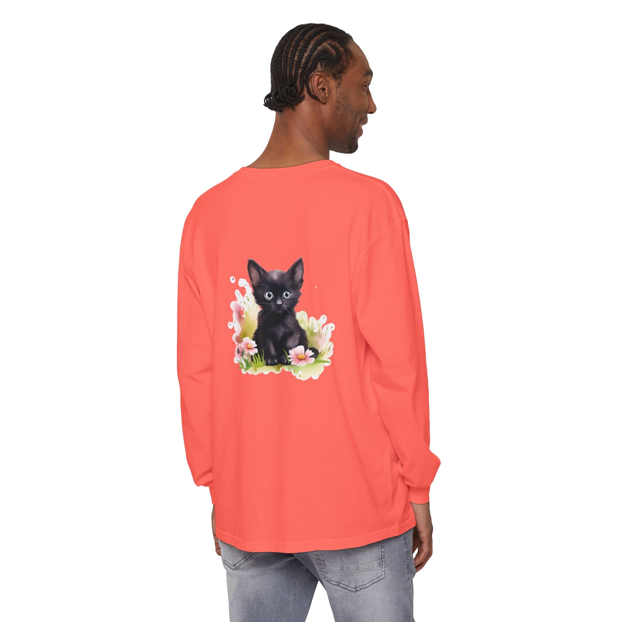 Langarmshirt | Schwarzes Kätzchen & rosa Blumen