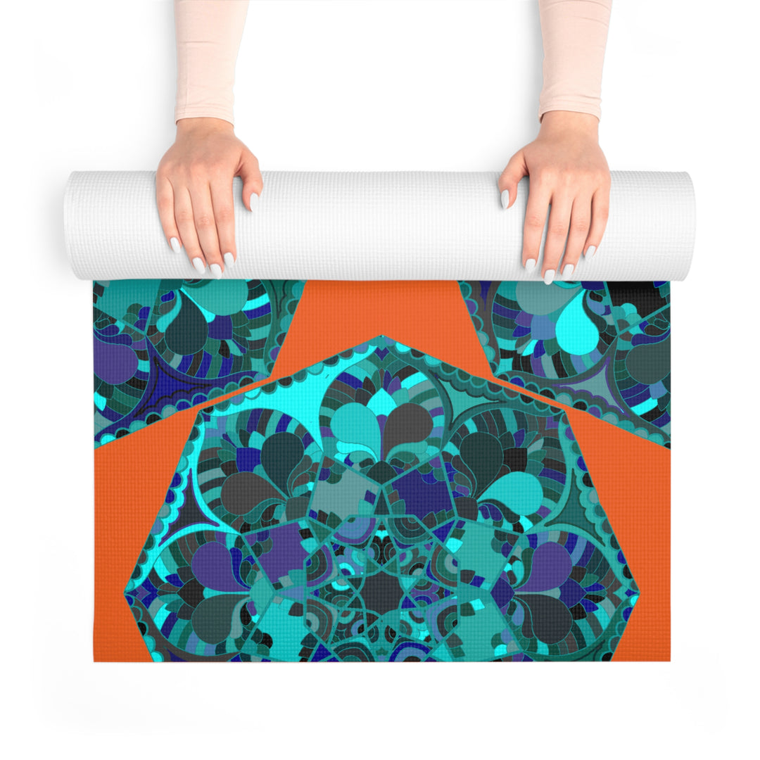 Tappetino da yoga in schiuma geometrica con design arancione energico e acquamarina