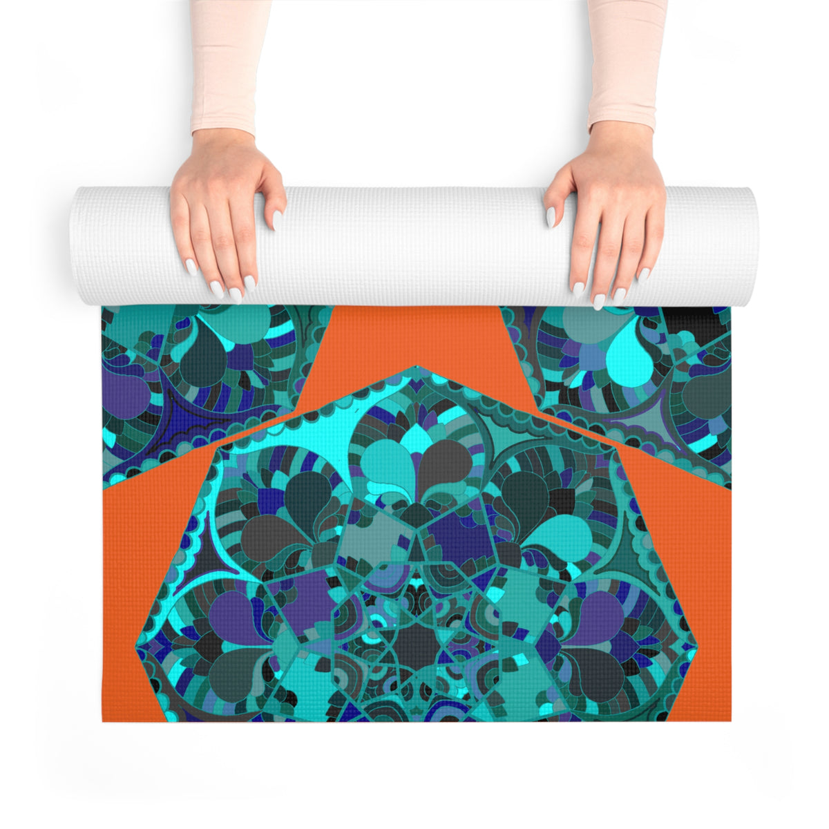 Geometrische Yogamatte aus Schaumstoff in energetischem Orange- und Aqua-Design