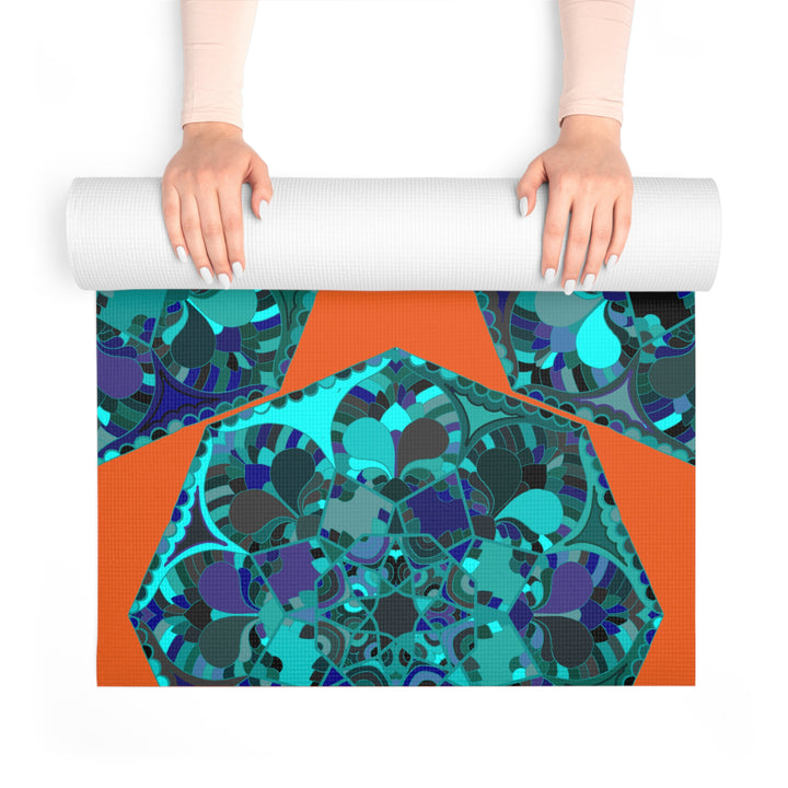 Tappetino da yoga in schiuma geometrica con design arancione energico e acquamarina