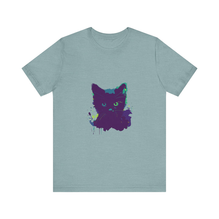 A close-up image of a Black Cat Mystery Watercolor T-Shirt with vibrant watercolor design