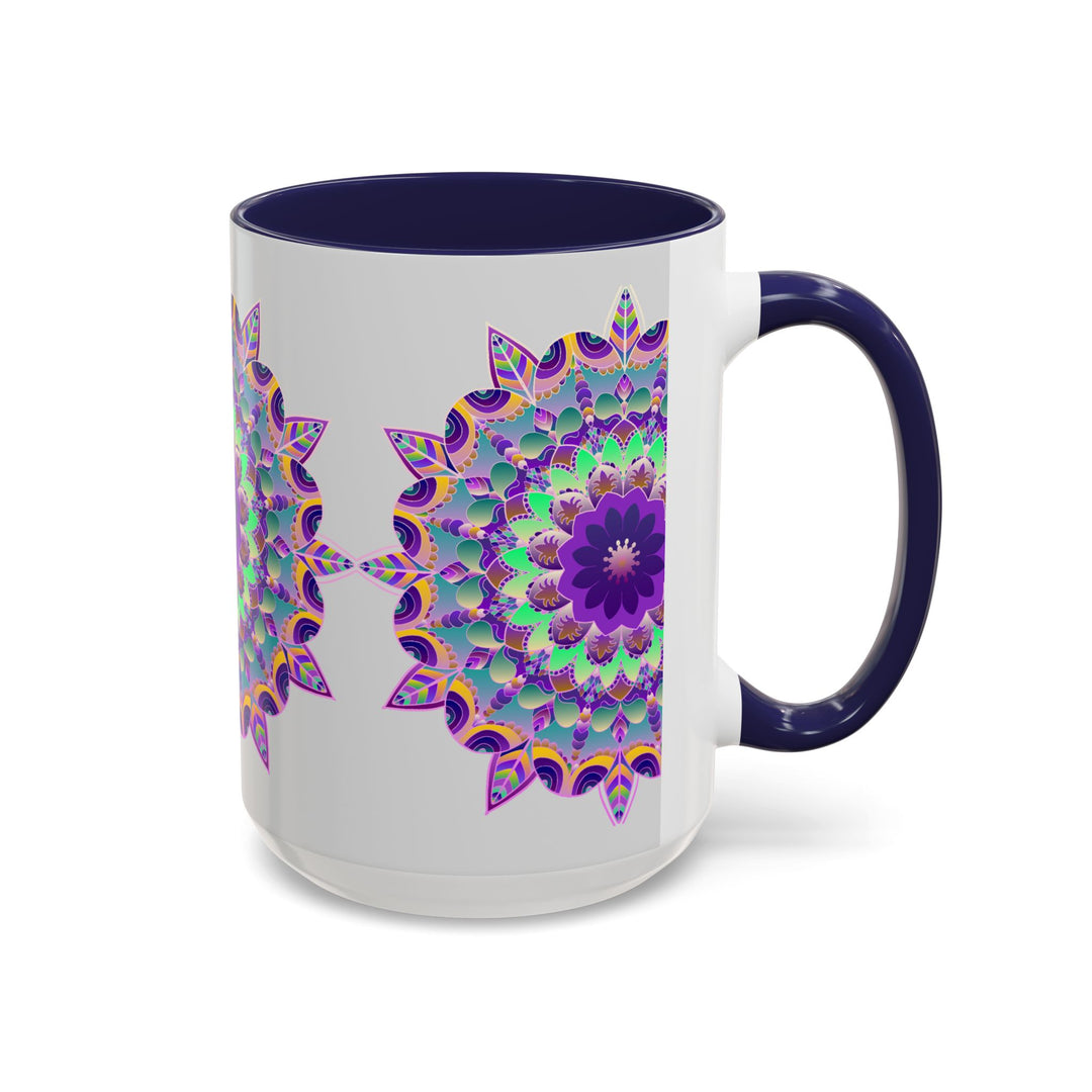 A light grey ceramic mug featuring a vibrant mandala art design