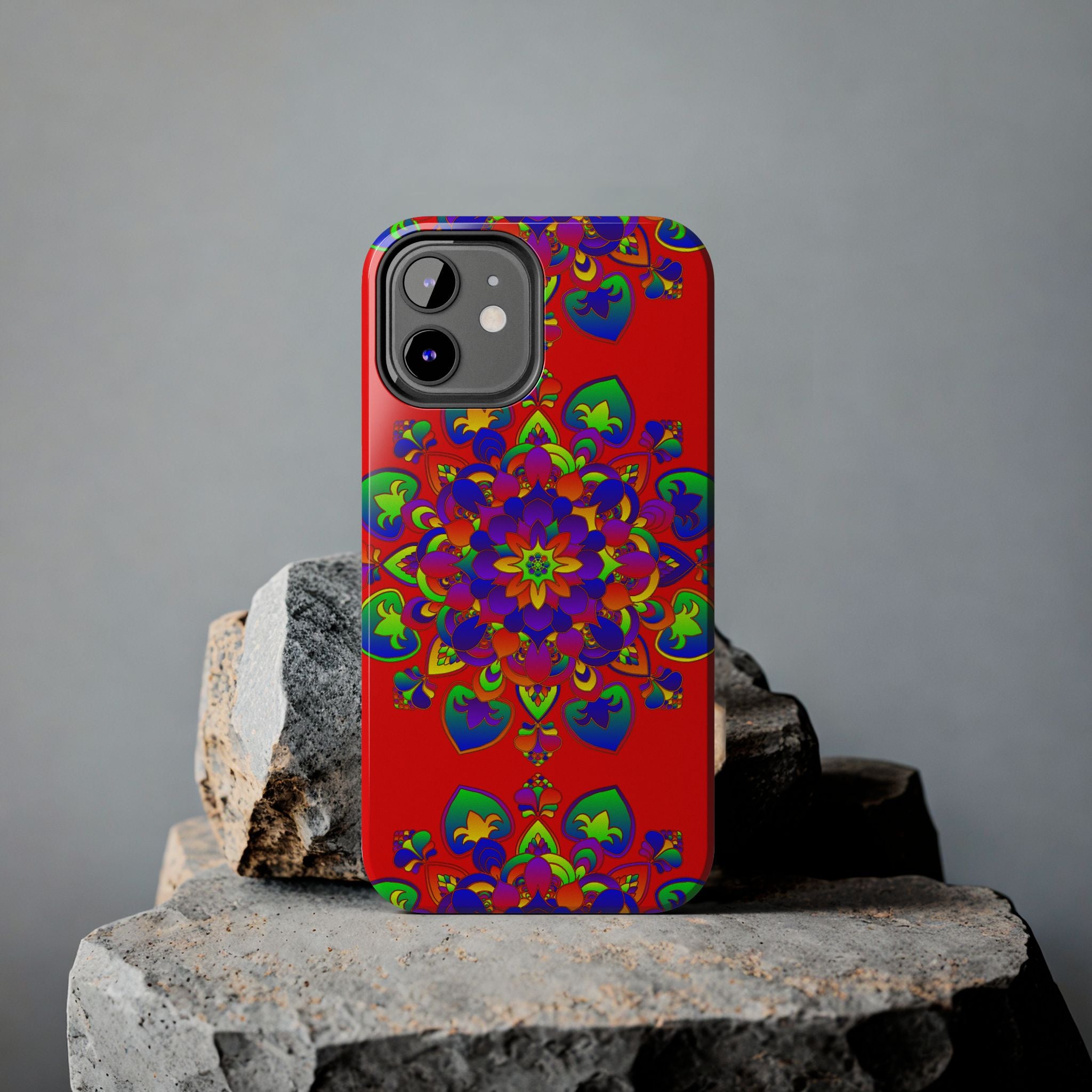 Hand drawn red mandala art phone case featuring intricate design and vibrant colors