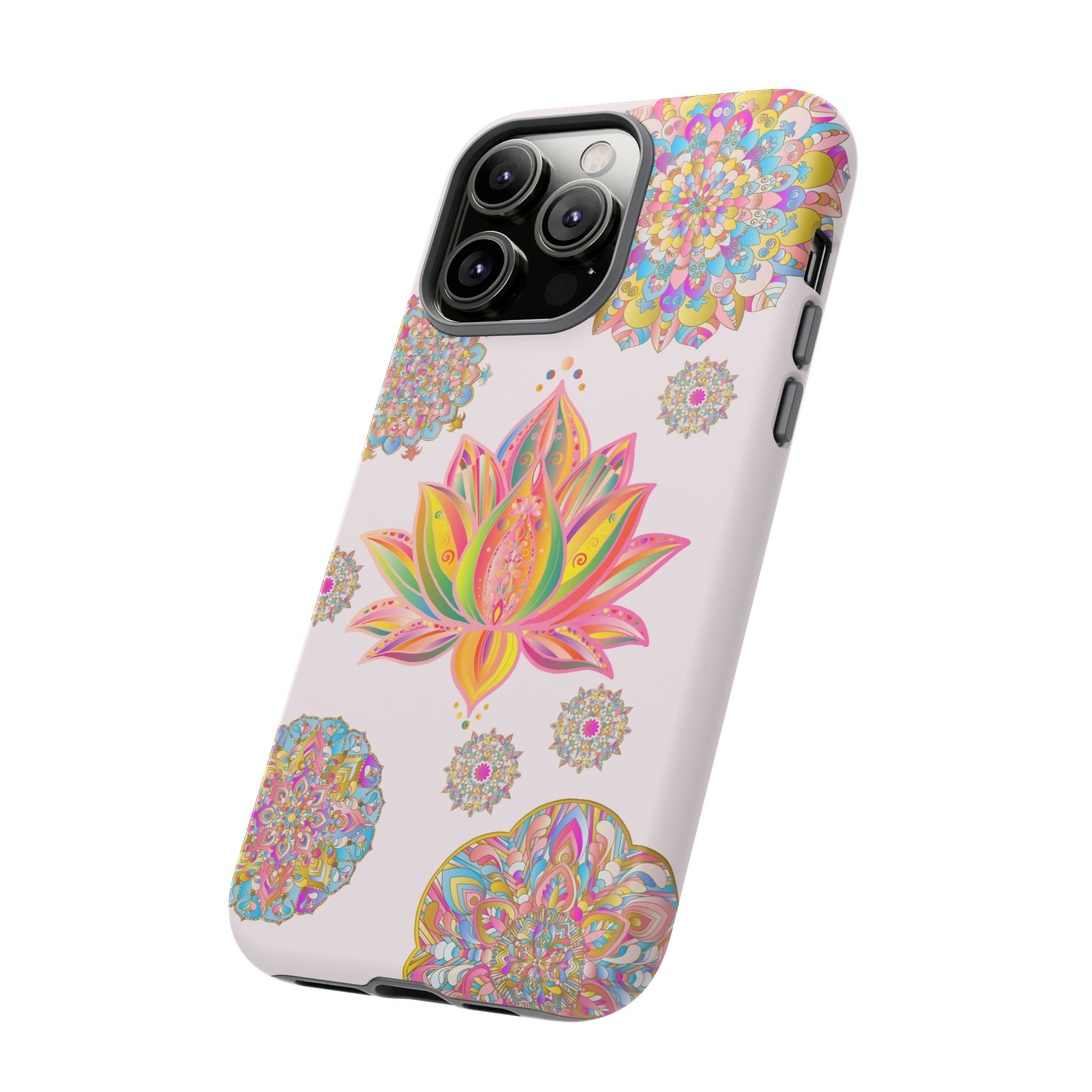 Light pink phone case with intricate mandala design and lotus flower pattern