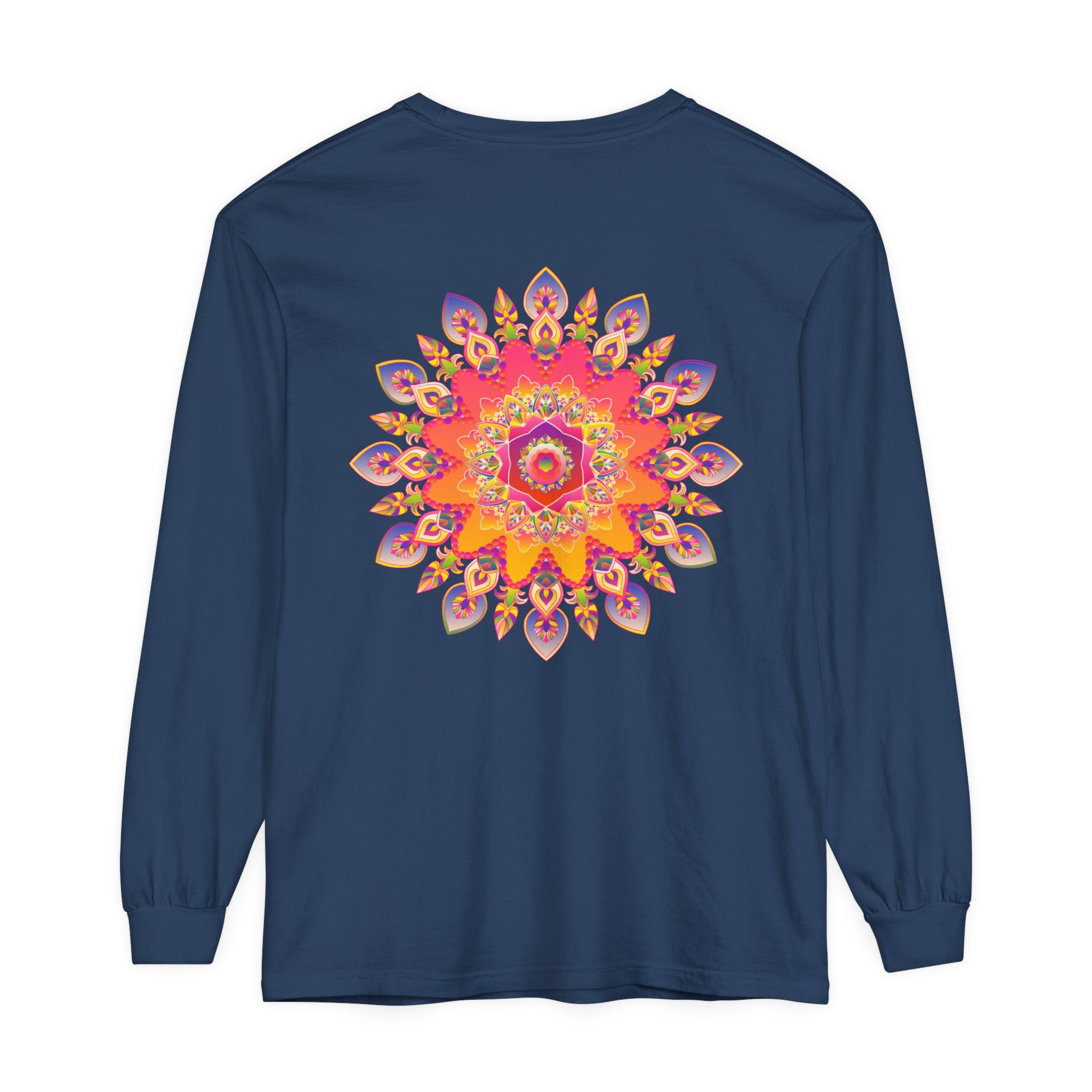 Colorful and intricate mandala design on a unisex long sleeve t-shirt