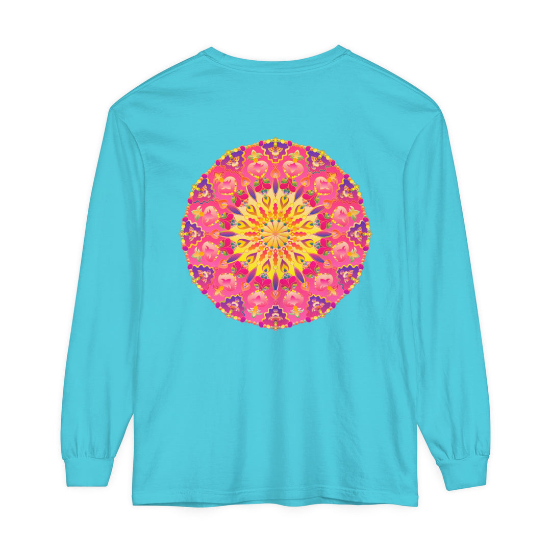 Colorful mandala design on a unisex long sleeve t-shirt