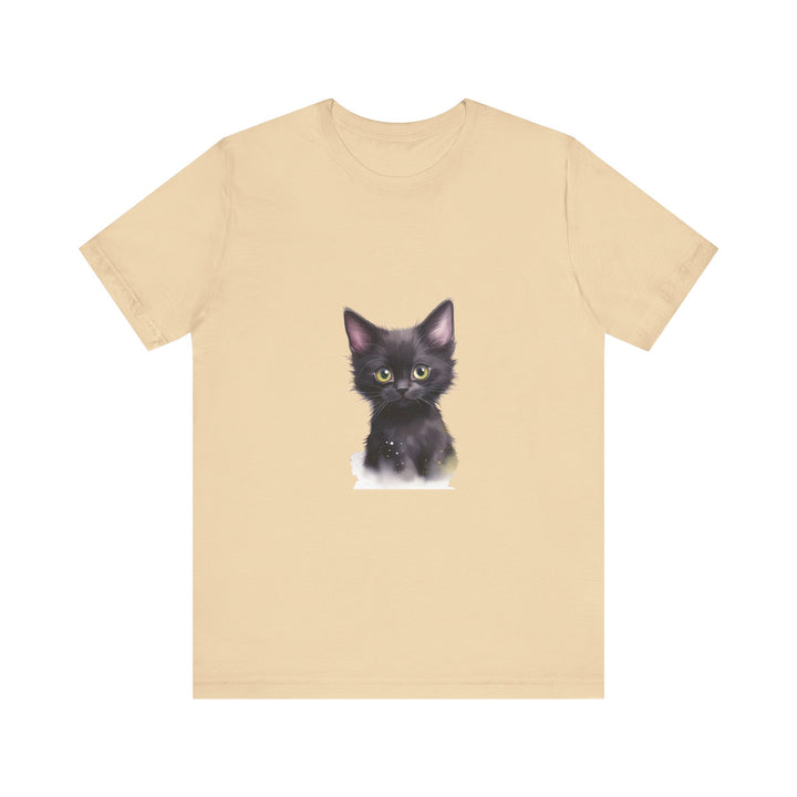 Black t-shirt with a mystical and whimsical design of a kitten surrounded by stars and moons, perfect for cat lovers and those who appreciate unique and mystical fashion