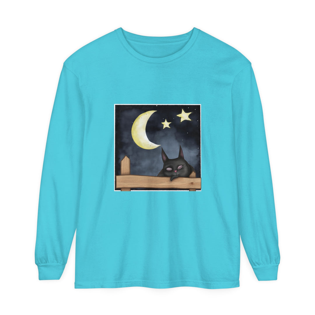 Colorful Sleepy Cat Night Sky T-Shirt with Moon and Stars Print