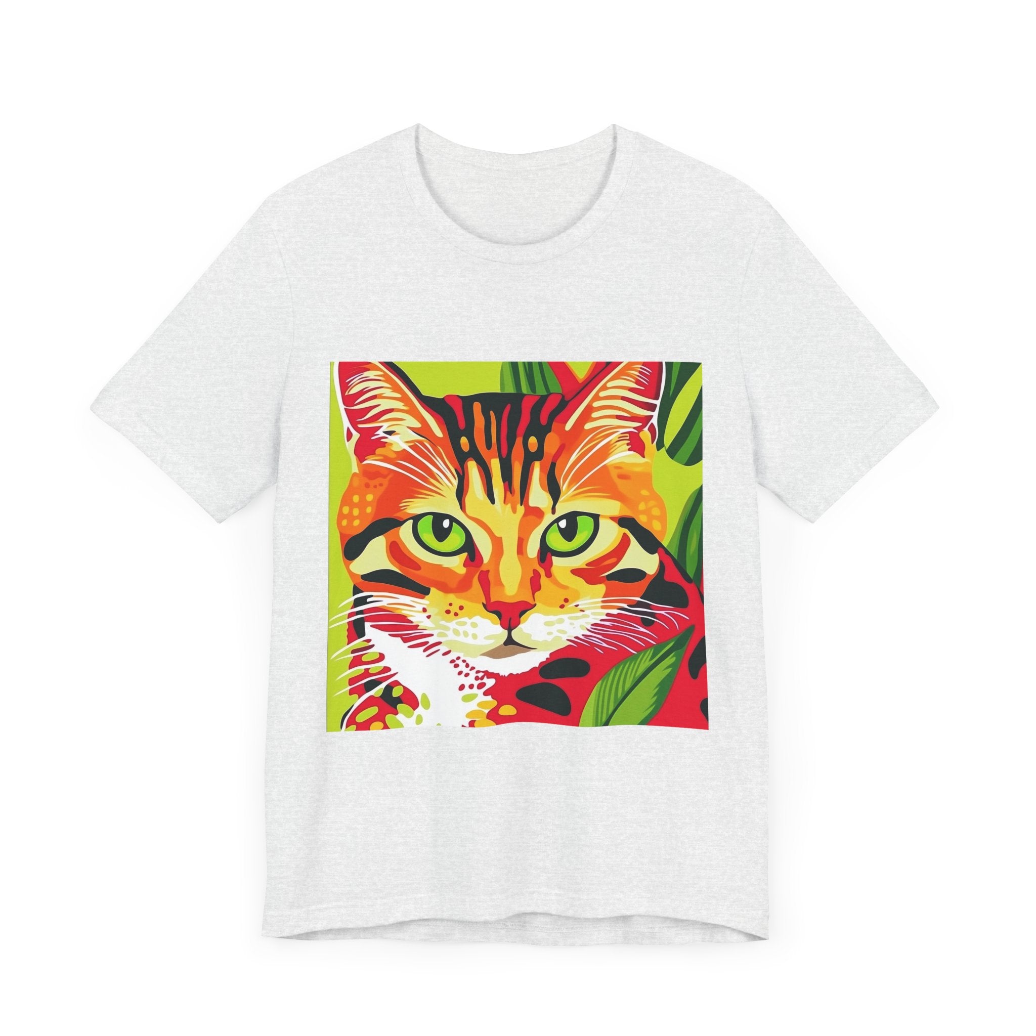 A close-up image of a white short sleeve tee with a bold, colorful 'Savana Stripes Cat' graphic on the front