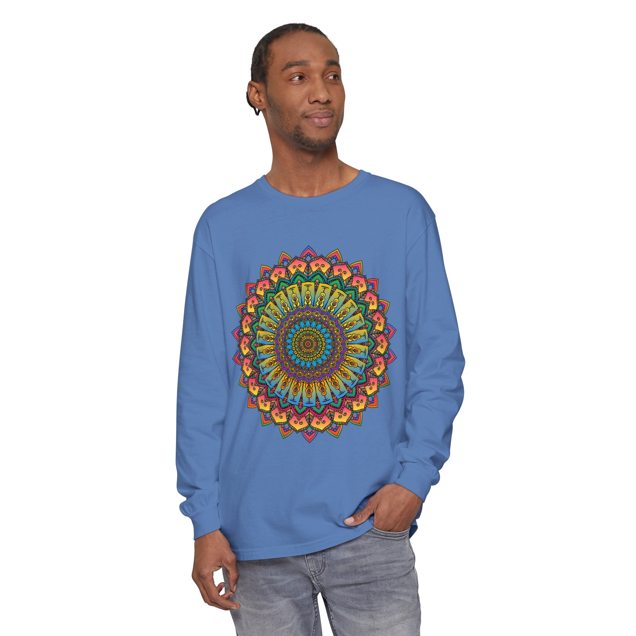 Intricate Mandala Unisex Long Sleeve T-Shirt with detailed geometric design