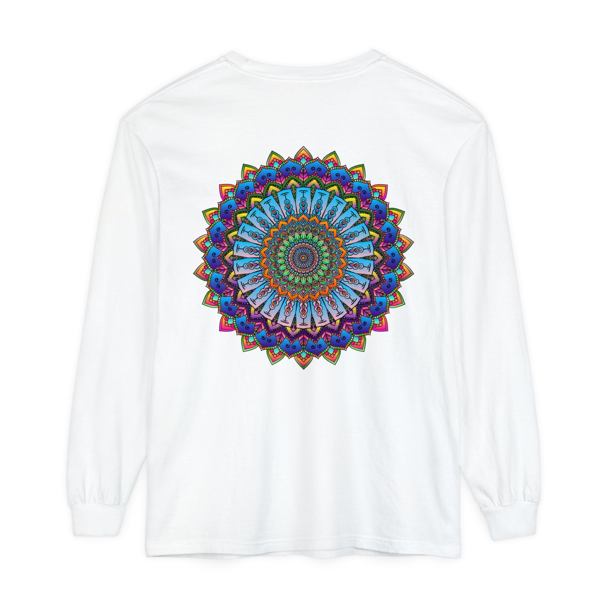 Colorful and intricate mandala design featured on a unisex long sleeve t-shirt