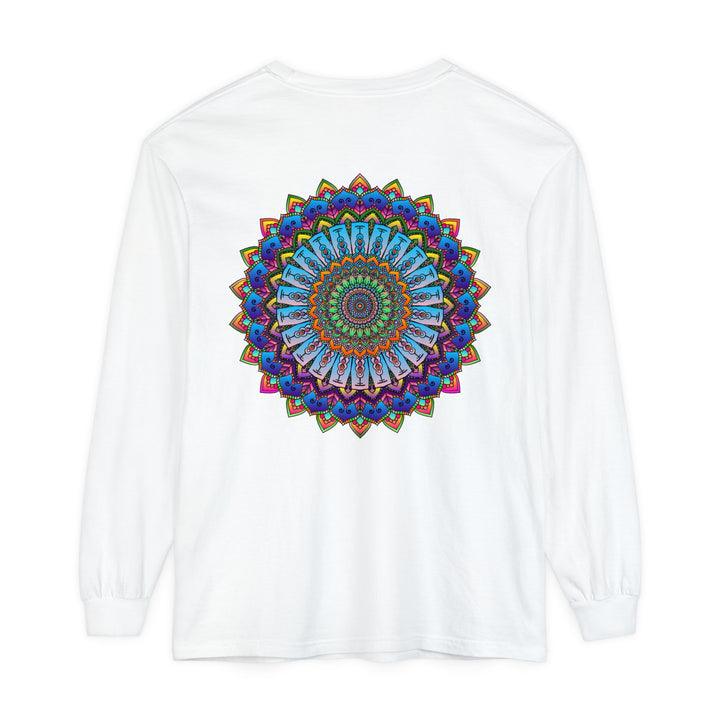 Colorful and intricate mandala design featured on a unisex long sleeve t-shirt