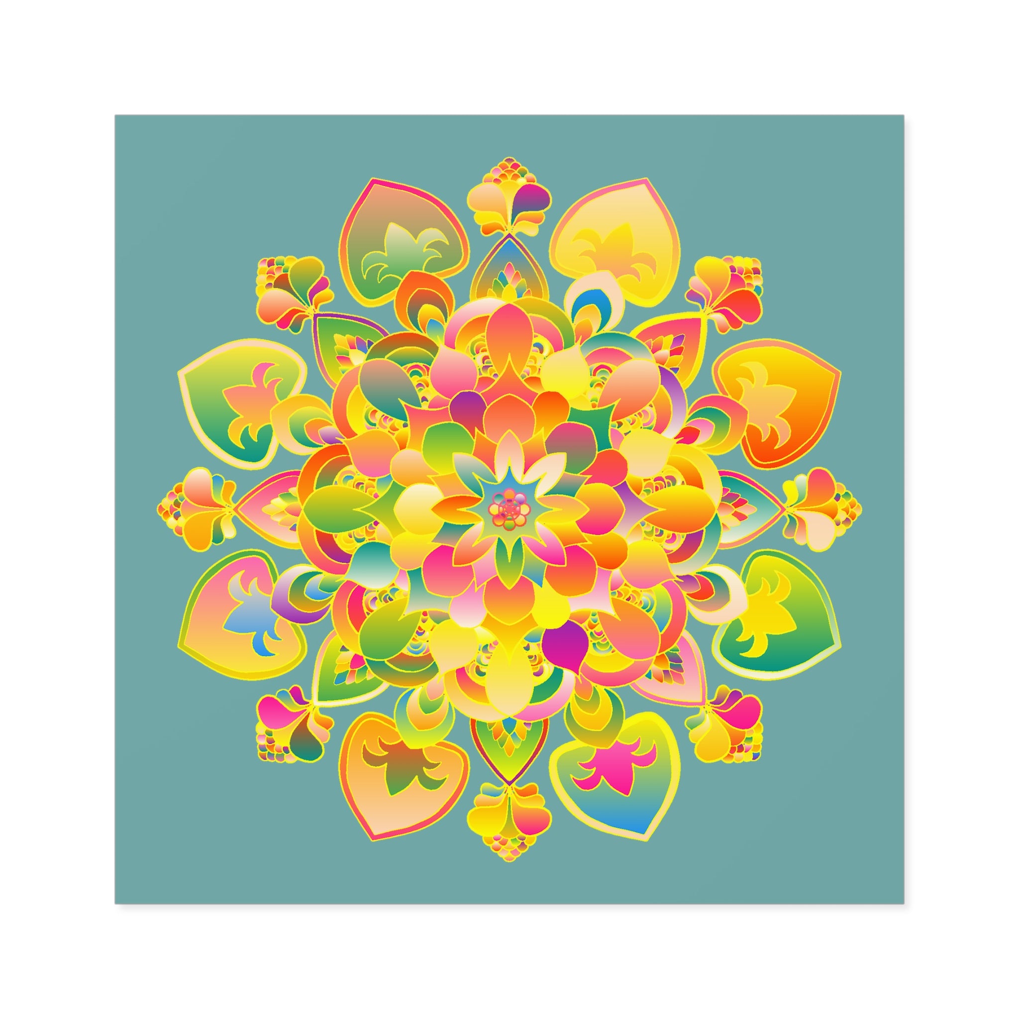 Adesivi laminati mandala disegnati a mano: oro, rosso e verde su verde acqua grigiastro