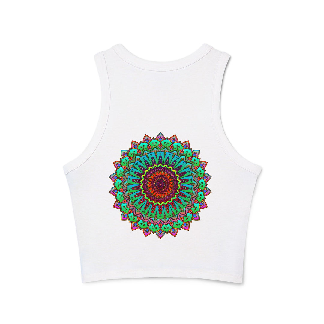 Woman in Warrior Pose Wearing Vibrant Mandala Racerback Tank Top