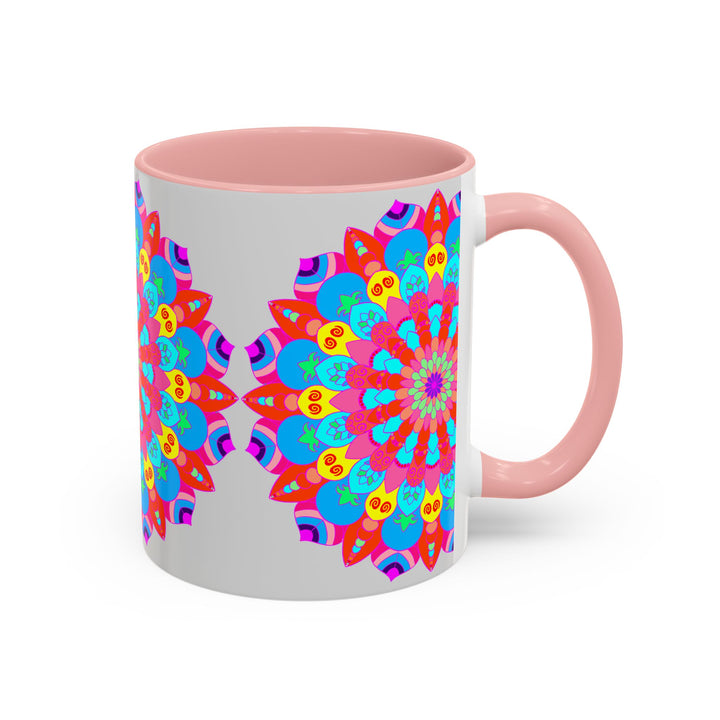 Vibrant mandala mug featuring intricate design, radiating peace and tranquility