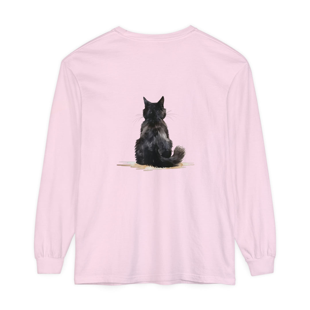 Black Cat Watercolor Unisex Long Sleeve T-Shirt featuring a vibrant watercolor design of a black cat on a comfortable and stylish long sleeve shirt