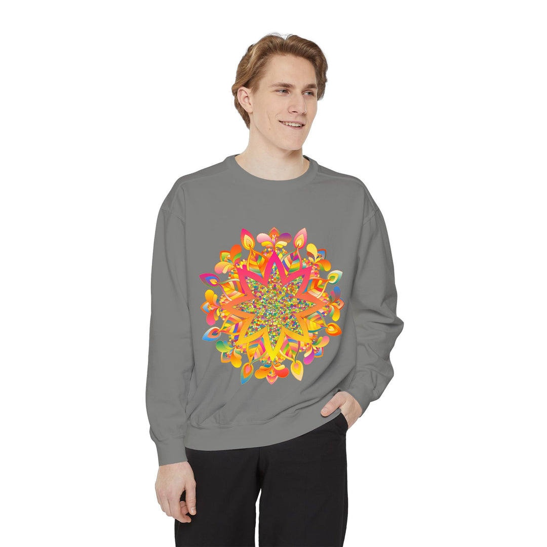 Colorful mandala design sweatshirt, perfect for yoga or casual wear