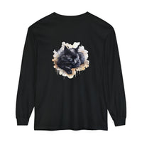 A beautiful watercolor illustration of a black cat sleeping peacefully on a t-shirt