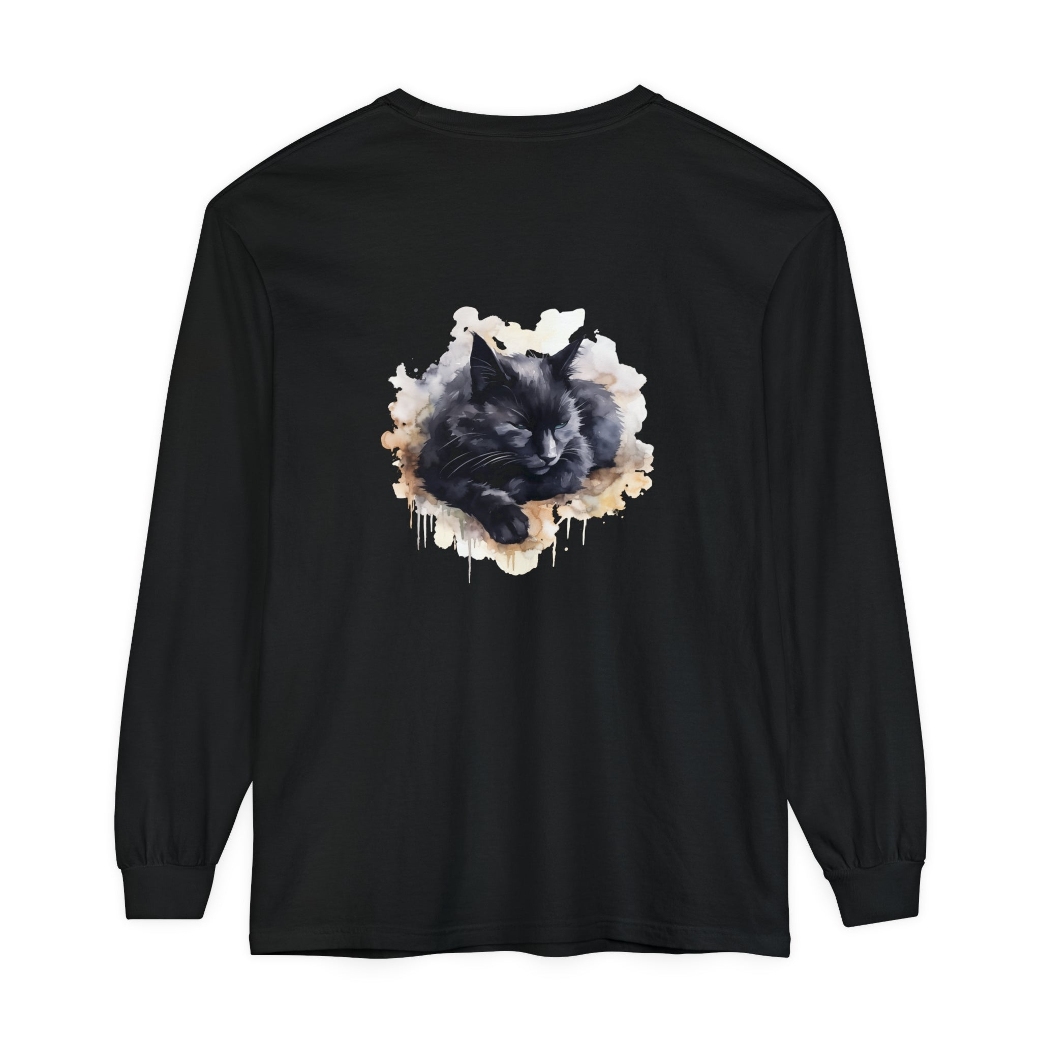 A beautiful watercolor illustration of a black cat sleeping peacefully on a t-shirt