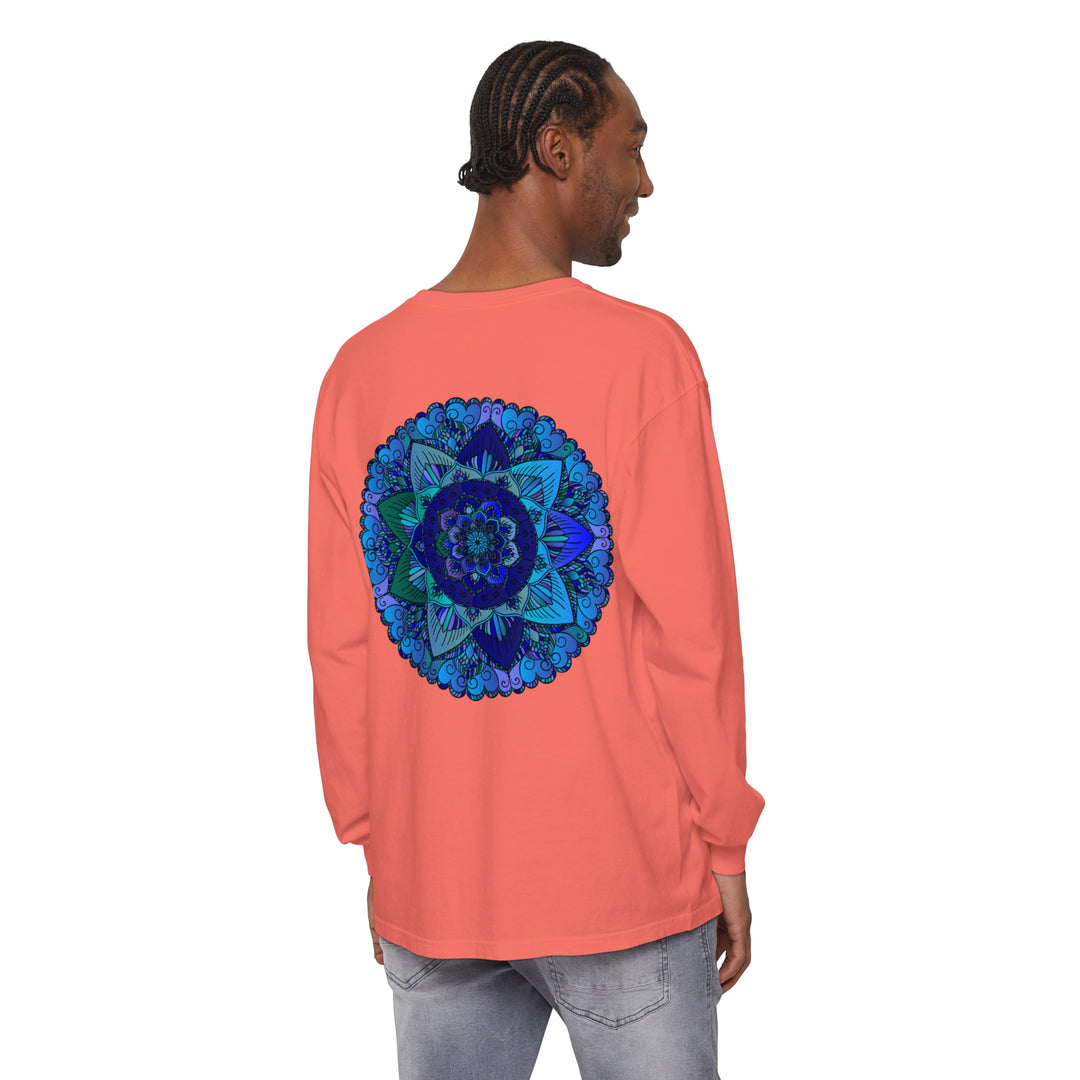 Dark blue and green mandala long sleeve t-shirt with intricate design