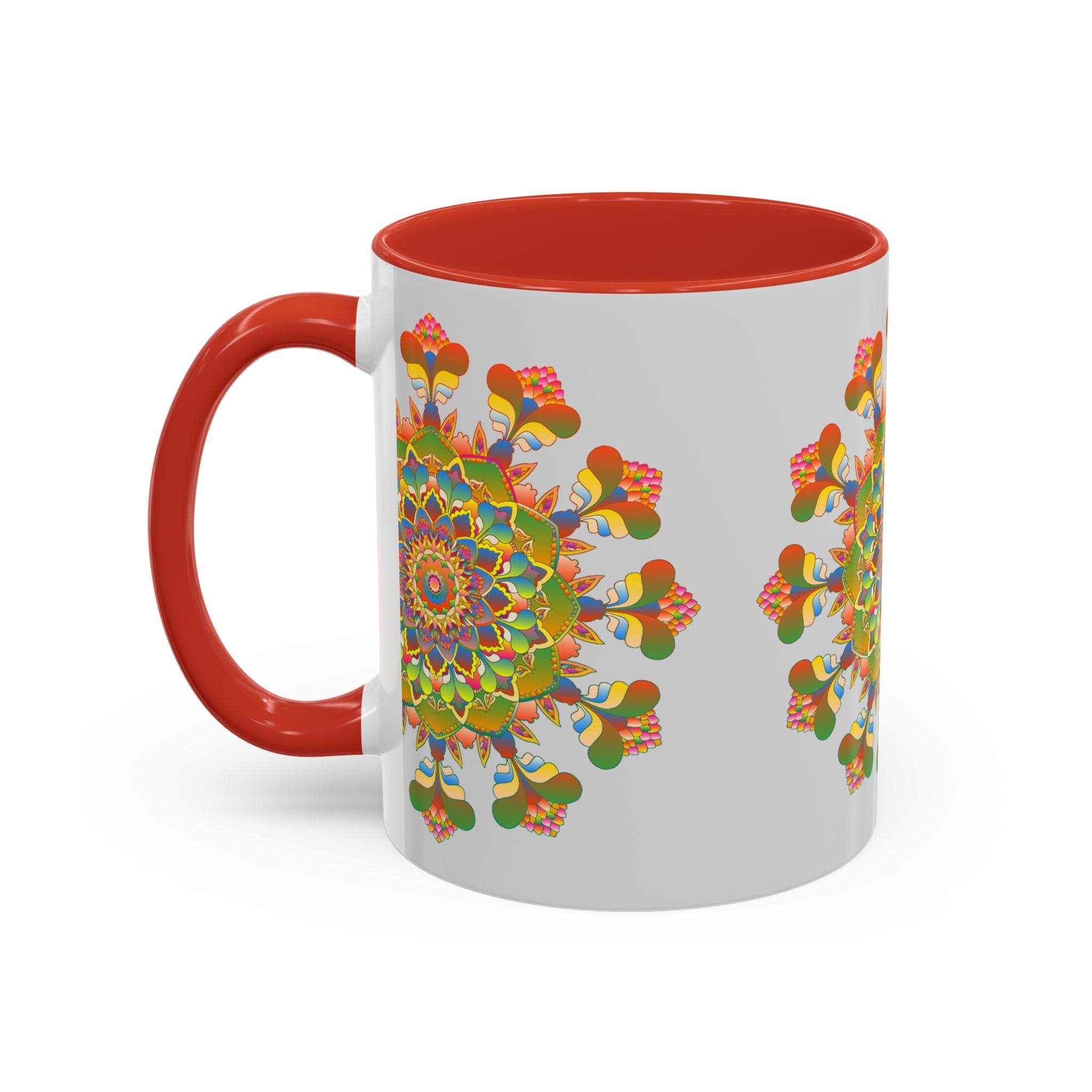 Beautiful and detailed mandala art design on a colorful ceramic mug