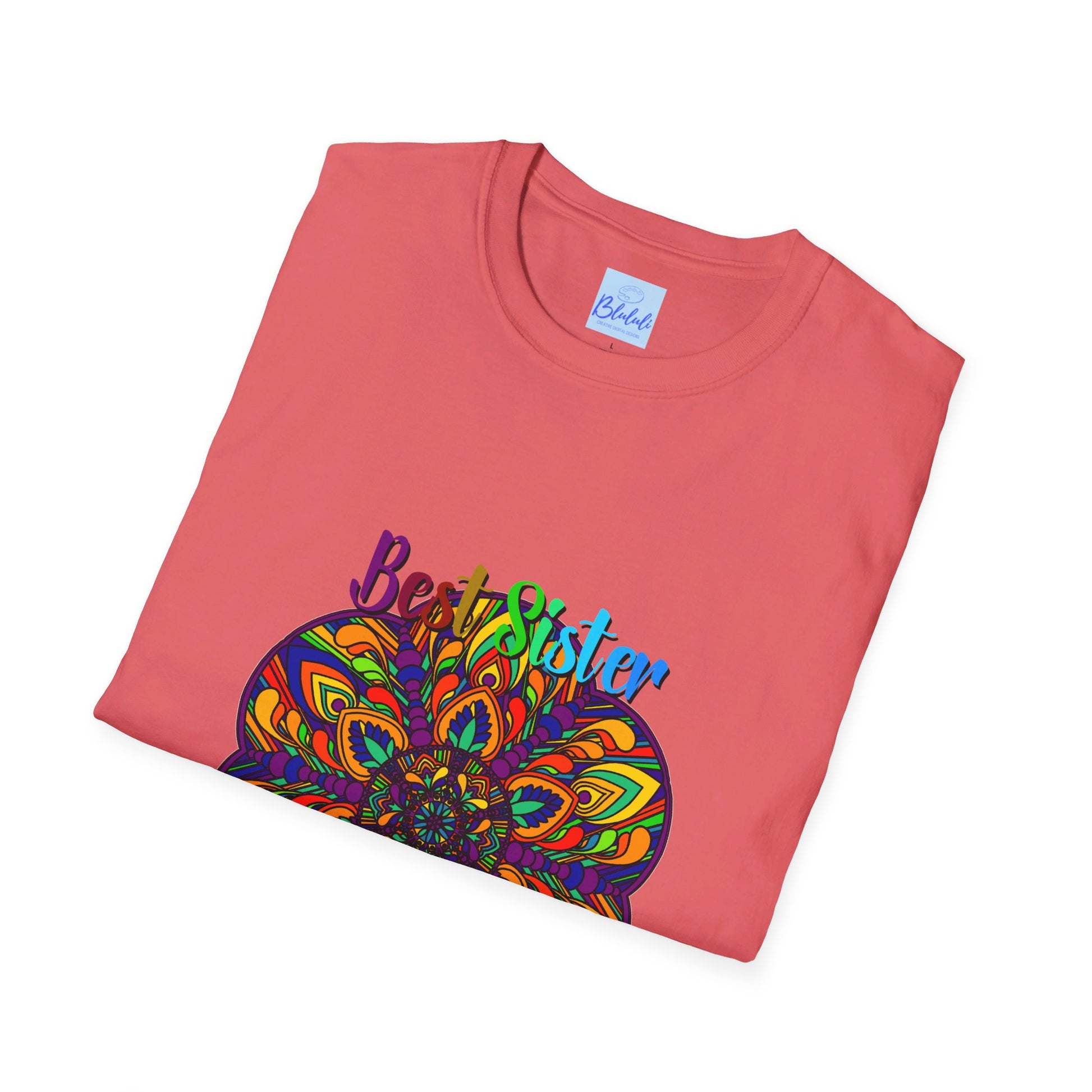 A beautifully hand-drawn mandala art design on a unisex softstyle t-shirt, perfect as a thoughtful gift for your sister