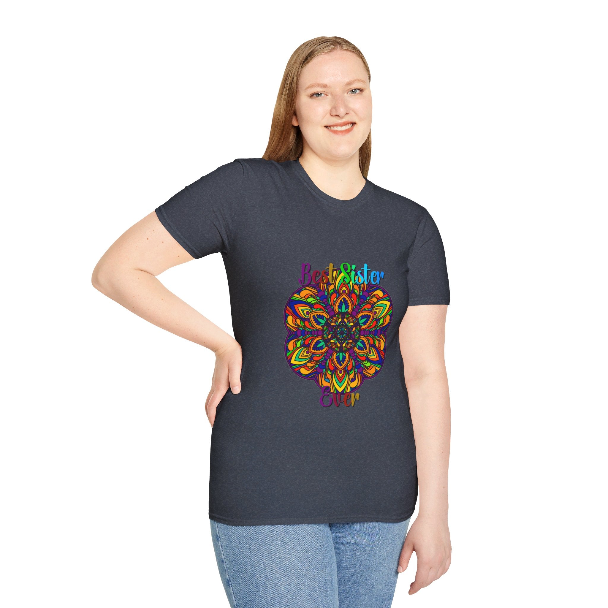 Colorful Mandala Art Gift for Sister Unisex Softstyle T-Shirt - Hand-Drawn Design on Comfortable Shirt