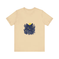 A black cat surrounded by whimsical flowers on a mystery t-shirt