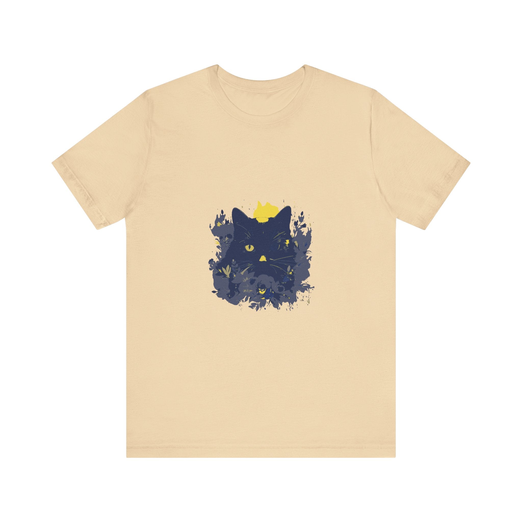 A black cat surrounded by whimsical flowers on a mystery t-shirt