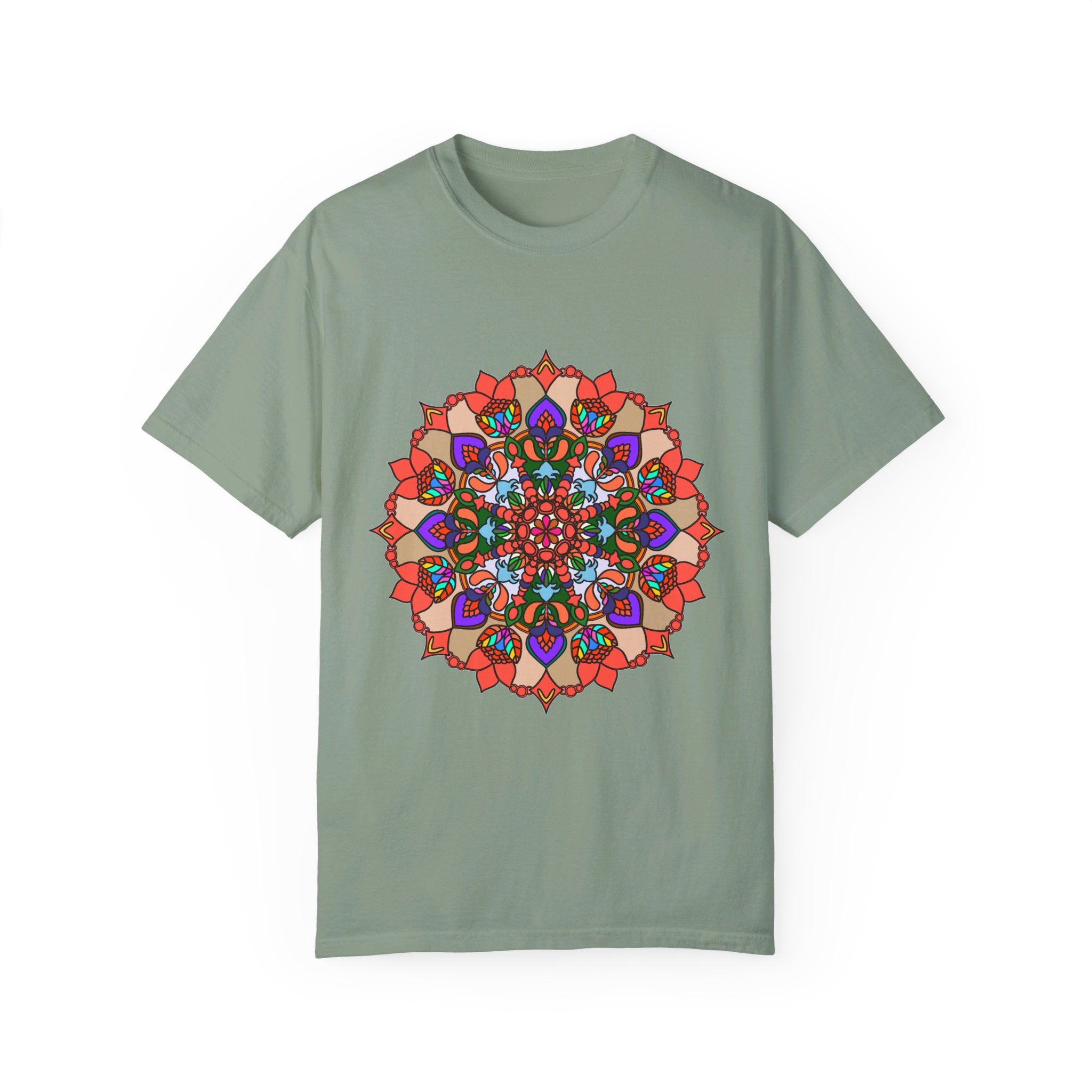 Unisex Mandala T-Shirt featuring intricate, hand-drawn mandala art on soft, 100% ring-spun cotton fabric, garment-dyed for ultimate comfort