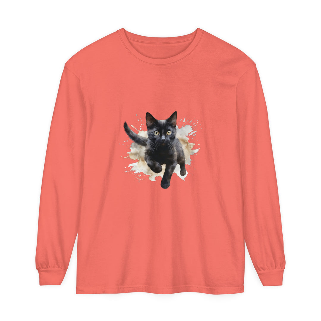 Black Cat Watercolor Splash T-Shirt: A stylish, comfortable black t-shirt featuring a vibrant watercolor splash design of a black cat