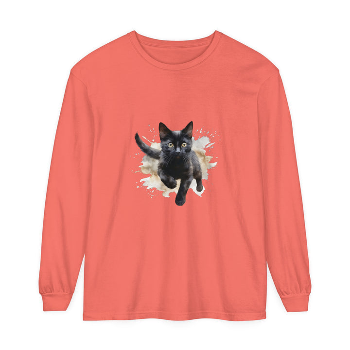 Black Cat Watercolor Splash T-Shirt: A stylish, comfortable black t-shirt featuring a vibrant watercolor splash design of a black cat