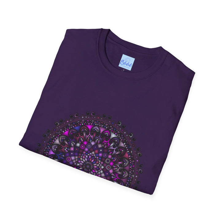 Soft and comfortable unisex purple mandala art t-shirt with hand-drawn design