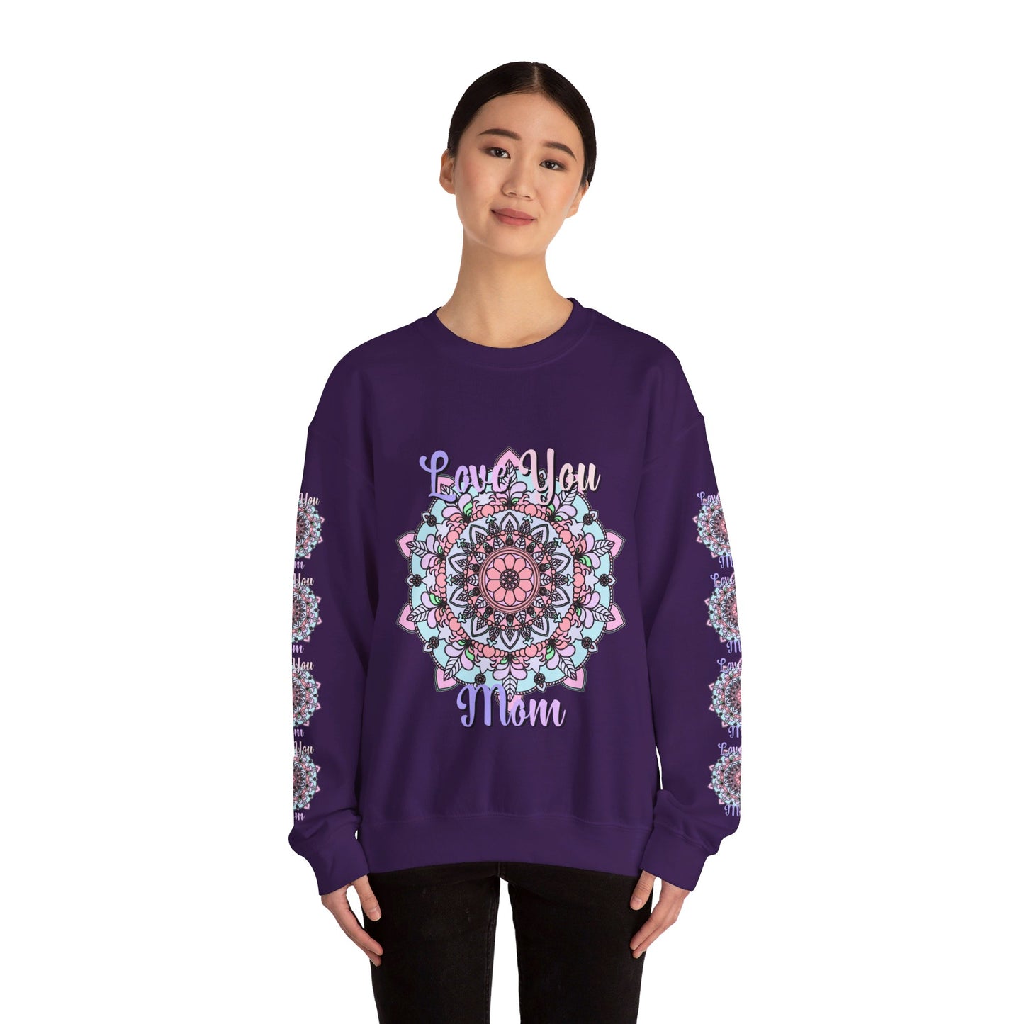 Cozy and stylish unisex crewneck sweatshirt featuring 'Love You Mom' design, perfect birthday gift for any mother