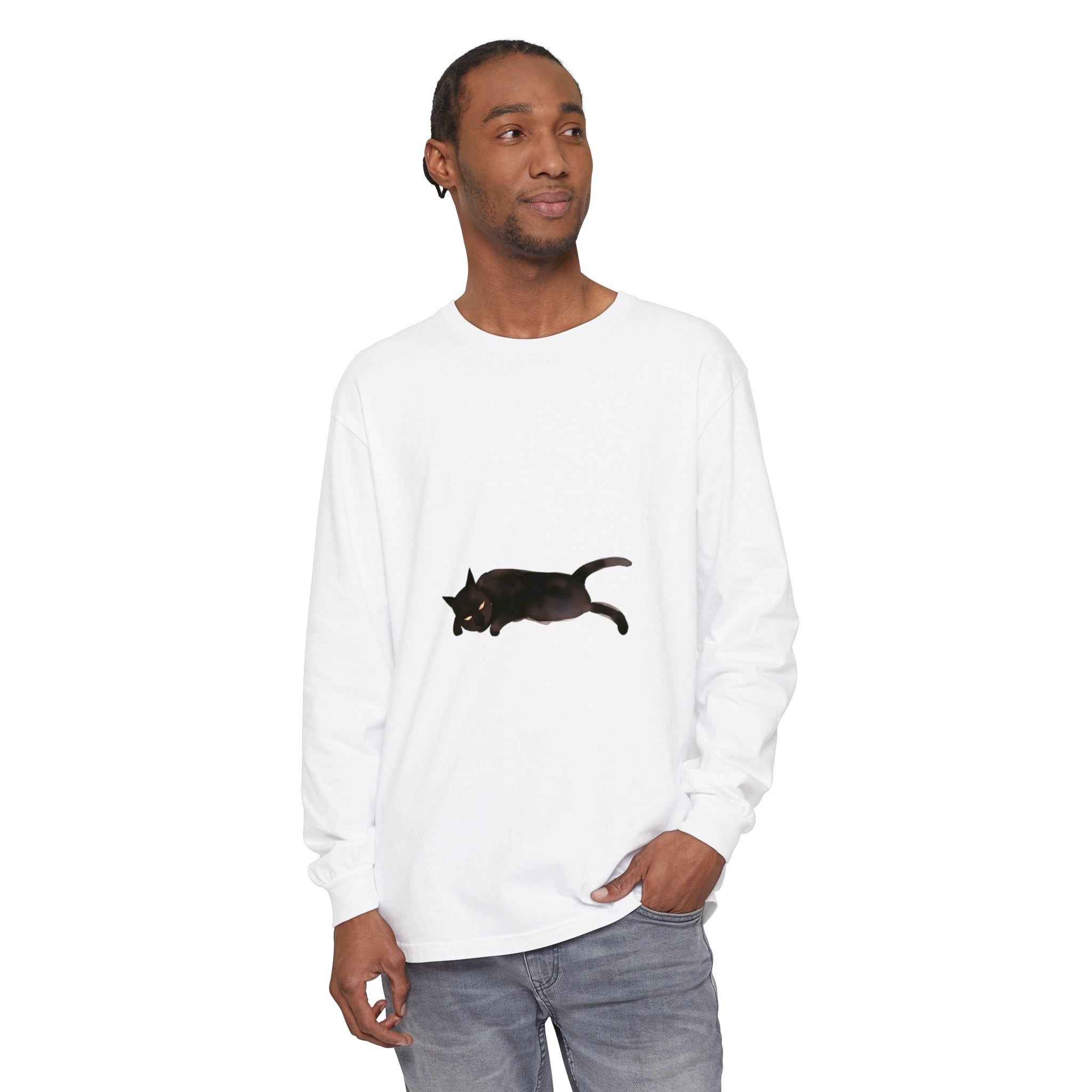 Adorable black cat with closed eyes sleeping on a unisex long sleeve t-shirt