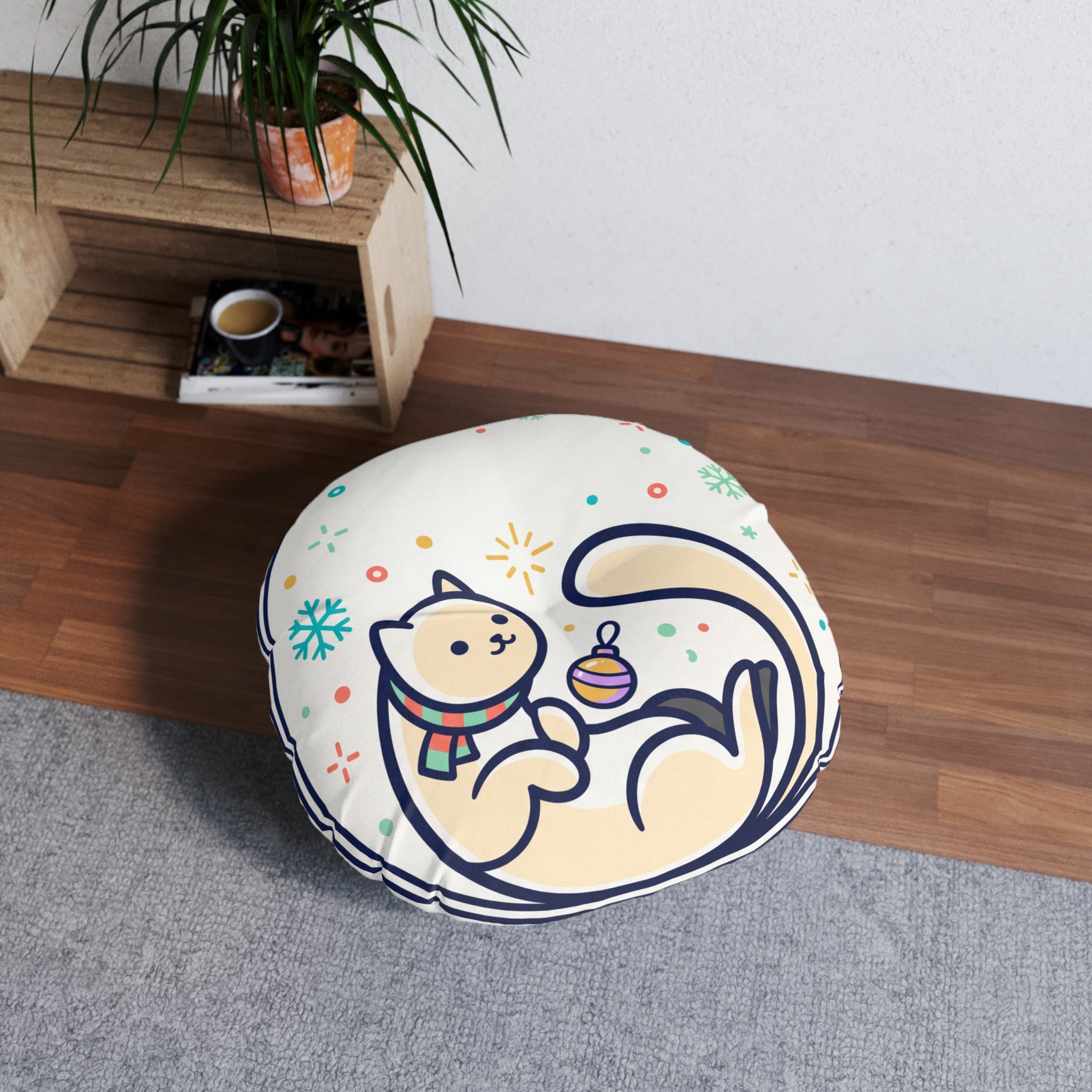 Cozy New Year Cat Floor Pillow — Cute Winter Kitten