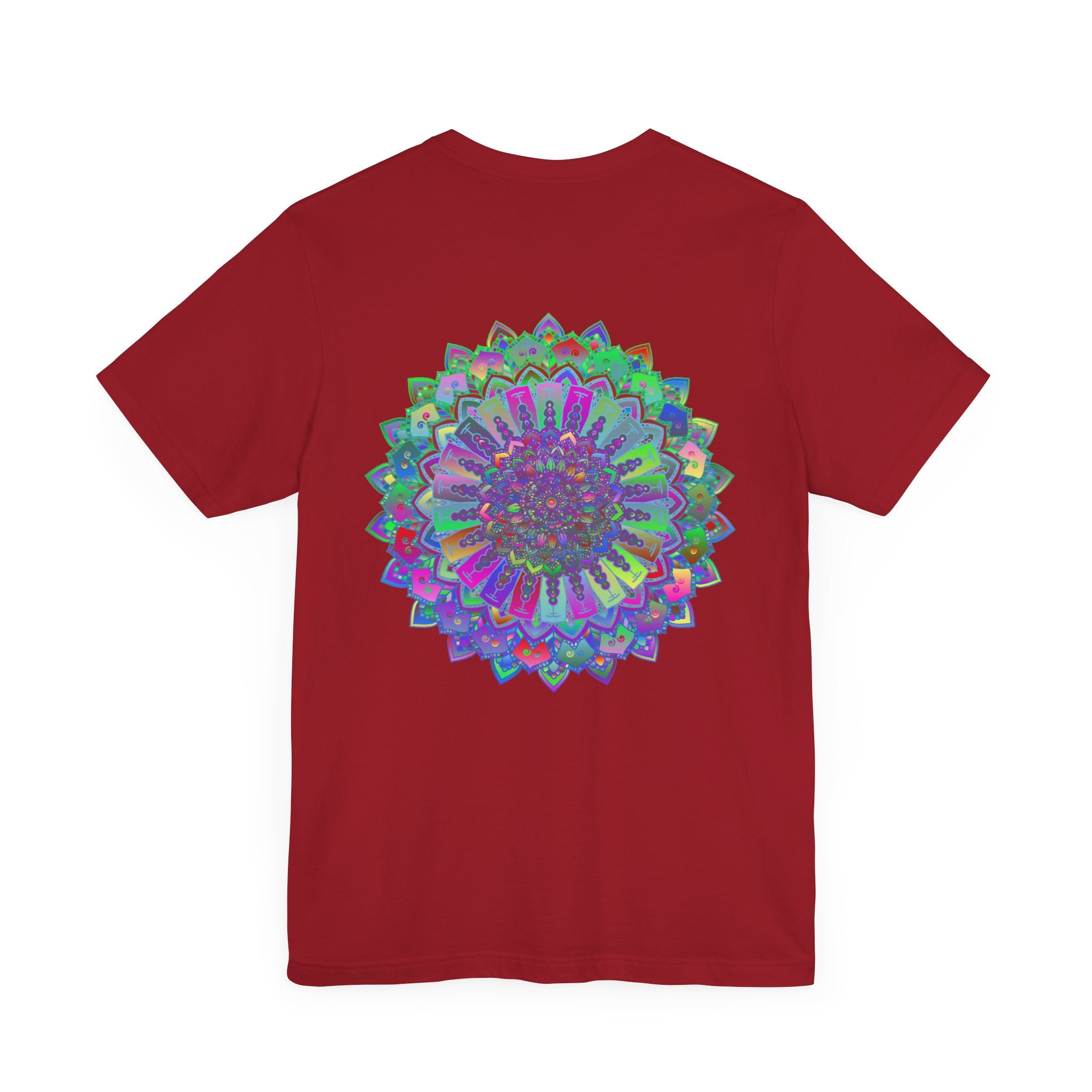 A close-up image of a vibrant mandala tee featuring intricate spiritual designs, promoting peace and harmony through its eye-catching and colorful patterns