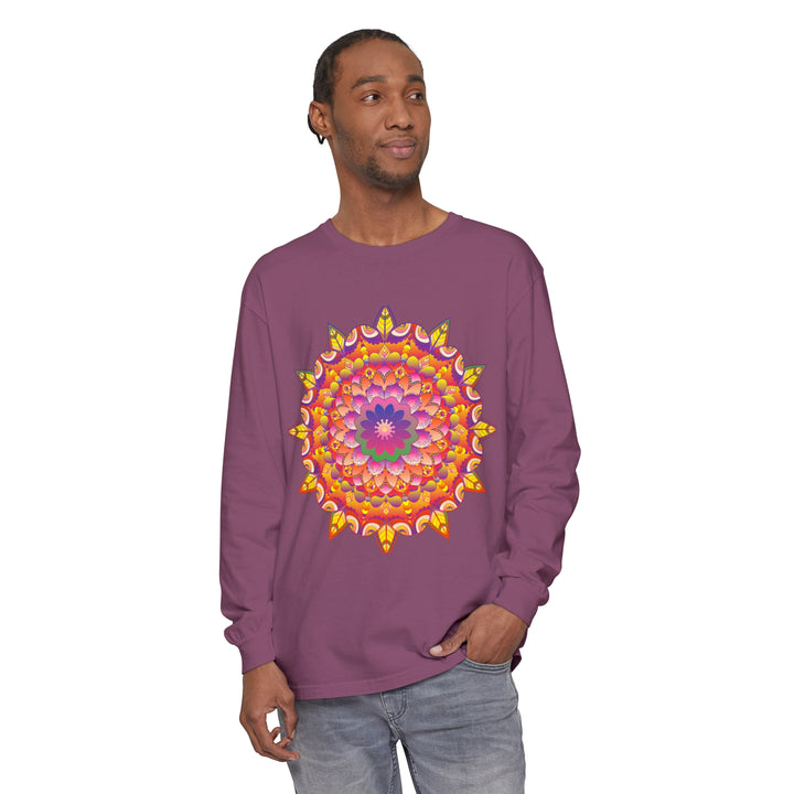 Vibrant Mandala Unisex Long Sleeve T-Shirt featuring intricate, colorful mandala design