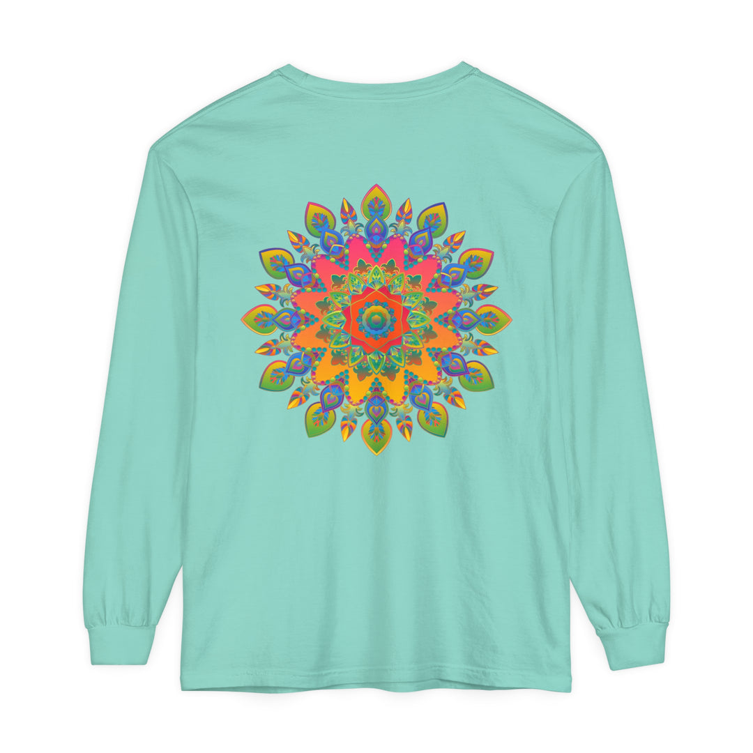 Colorful and intricate mandala design on a unisex long sleeve t-shirt