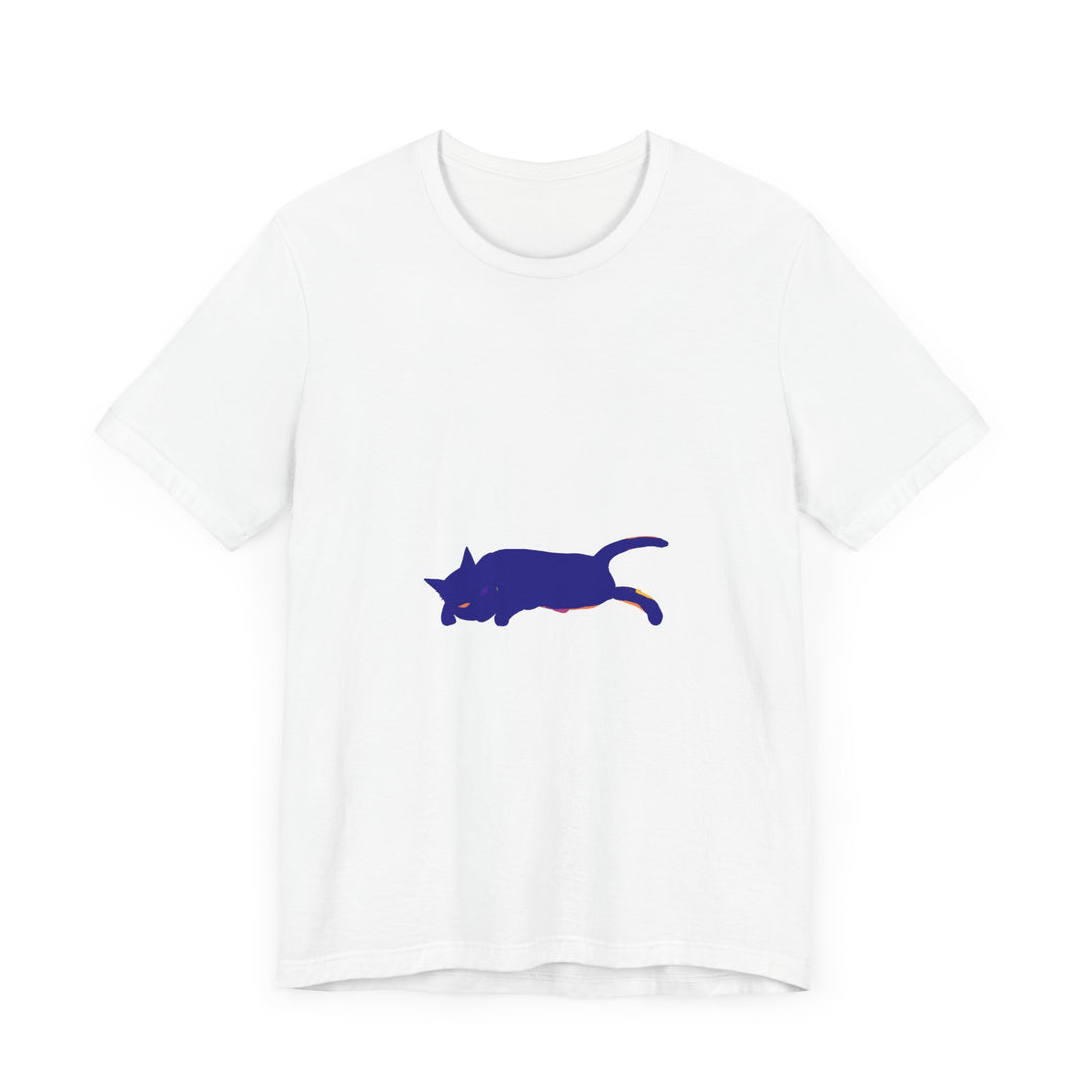 A close-up image of a soft black cat watercolor design on a comfortable t-shirt