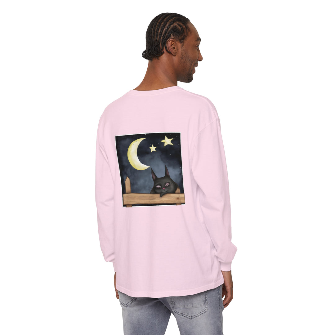 A cozy black t-shirt with a sleepy cat gazing at the night sky design